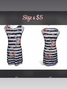 Striped Floral Sleeveless Shift Dress - Black & White with Multicolor Roses